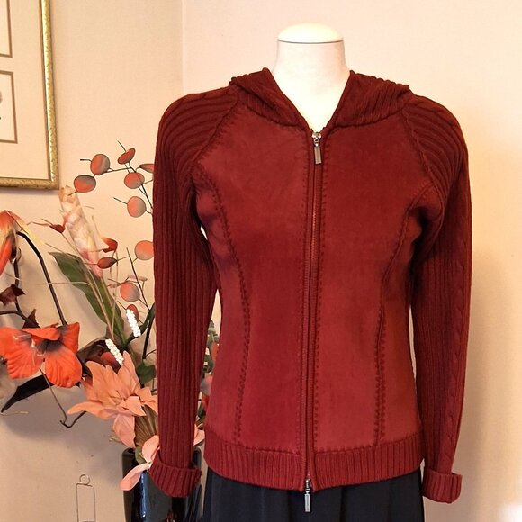 NWT Women's Wine Red Burgundy Zip-Up Hooded Cardigan Knitwear Sweater 6 S - Picture 4 of 9